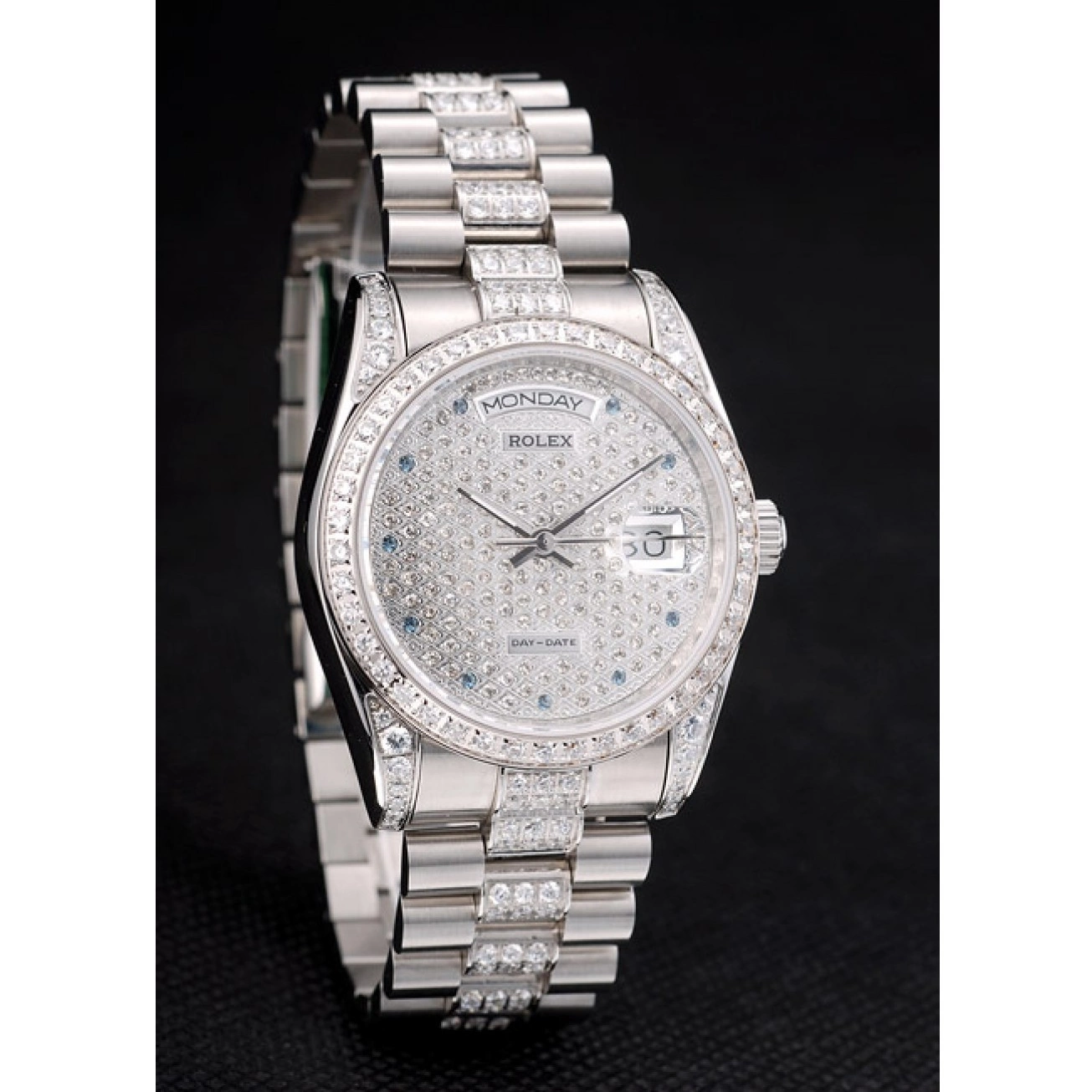 Aaa fake watches 41986 Plated Dial Rolex Plated Diamond Diamond Steel Stainless DayDate Bracelet 0728